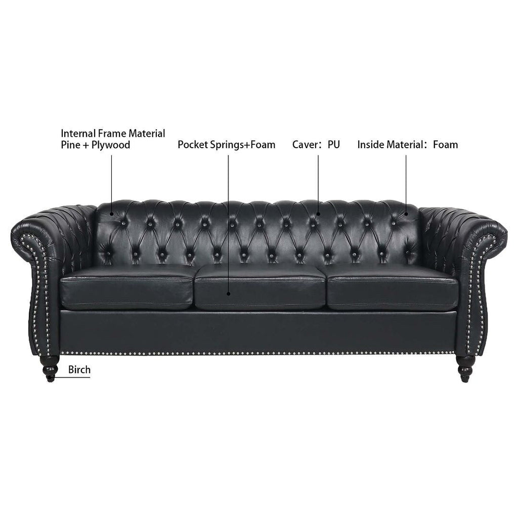 Canapé Chesterfield capitonné en similicuir avec accoudoirs roulés (84,65 po)