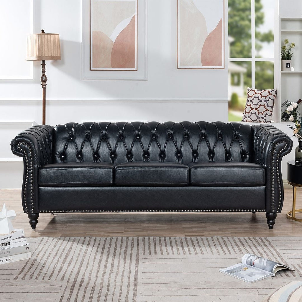 Canapé Chesterfield capitonné en similicuir avec accoudoirs roulés (84,65 po)