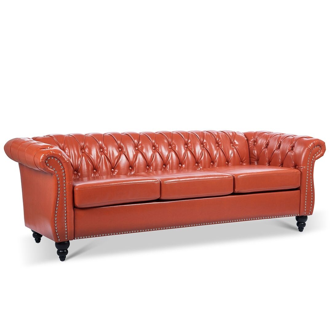 Canapé Chesterfield capitonné en similicuir avec accoudoirs roulés (84,65 po)