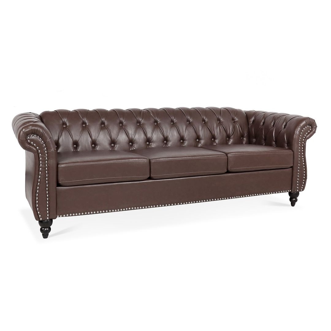 Canapé Chesterfield capitonné en similicuir avec accoudoirs roulés (84,65 po)