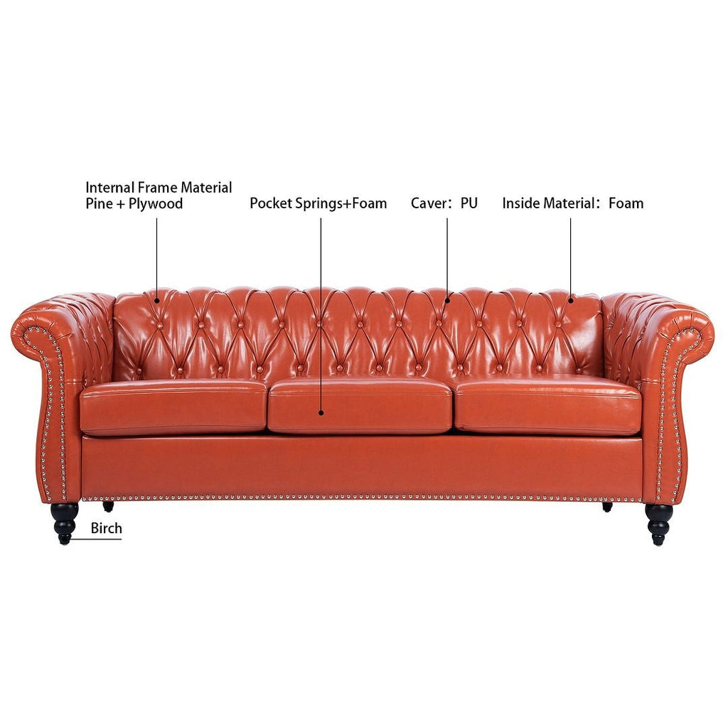 Canapé Chesterfield capitonné en similicuir avec accoudoirs roulés (84,65 po)