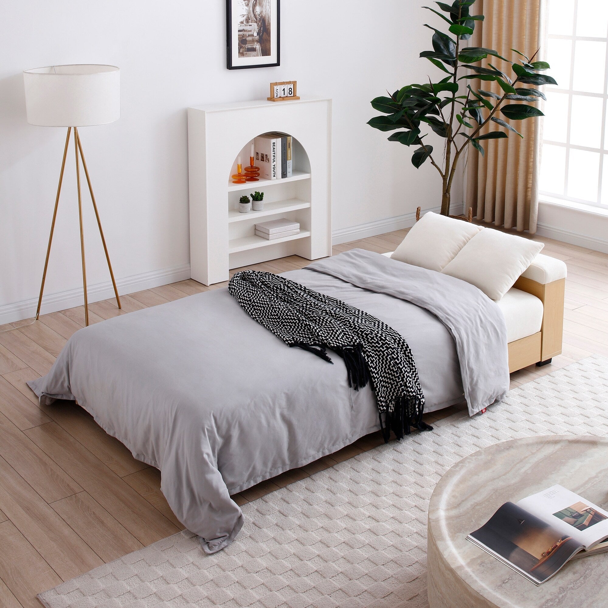 Canapé-lit convertible 3 places en coton et lin (84,65 €) avec pouf de rangement, table rabattable et 2 tiroirs