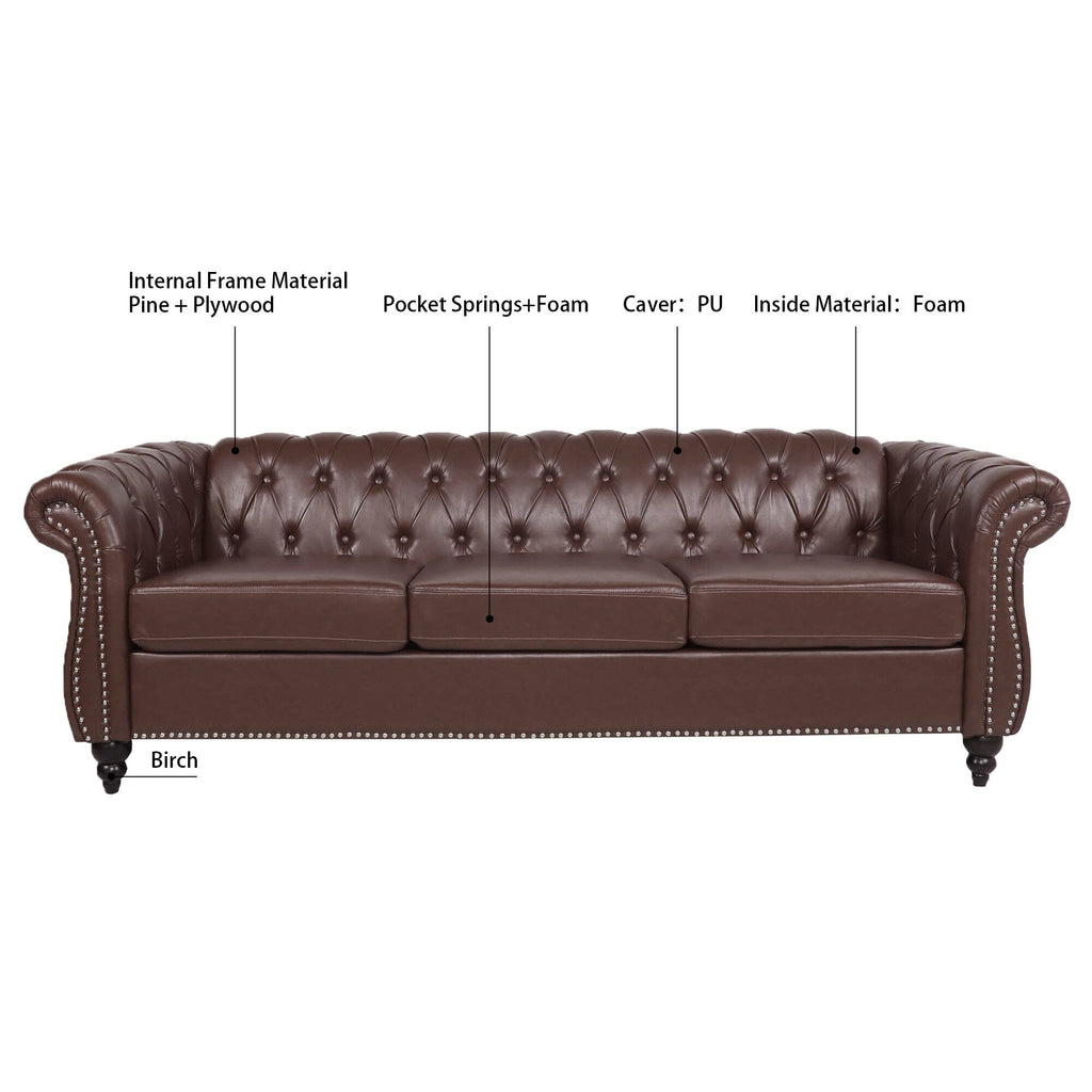 Canapé Chesterfield en similicuir avec accoudoirs roulés (3 places)