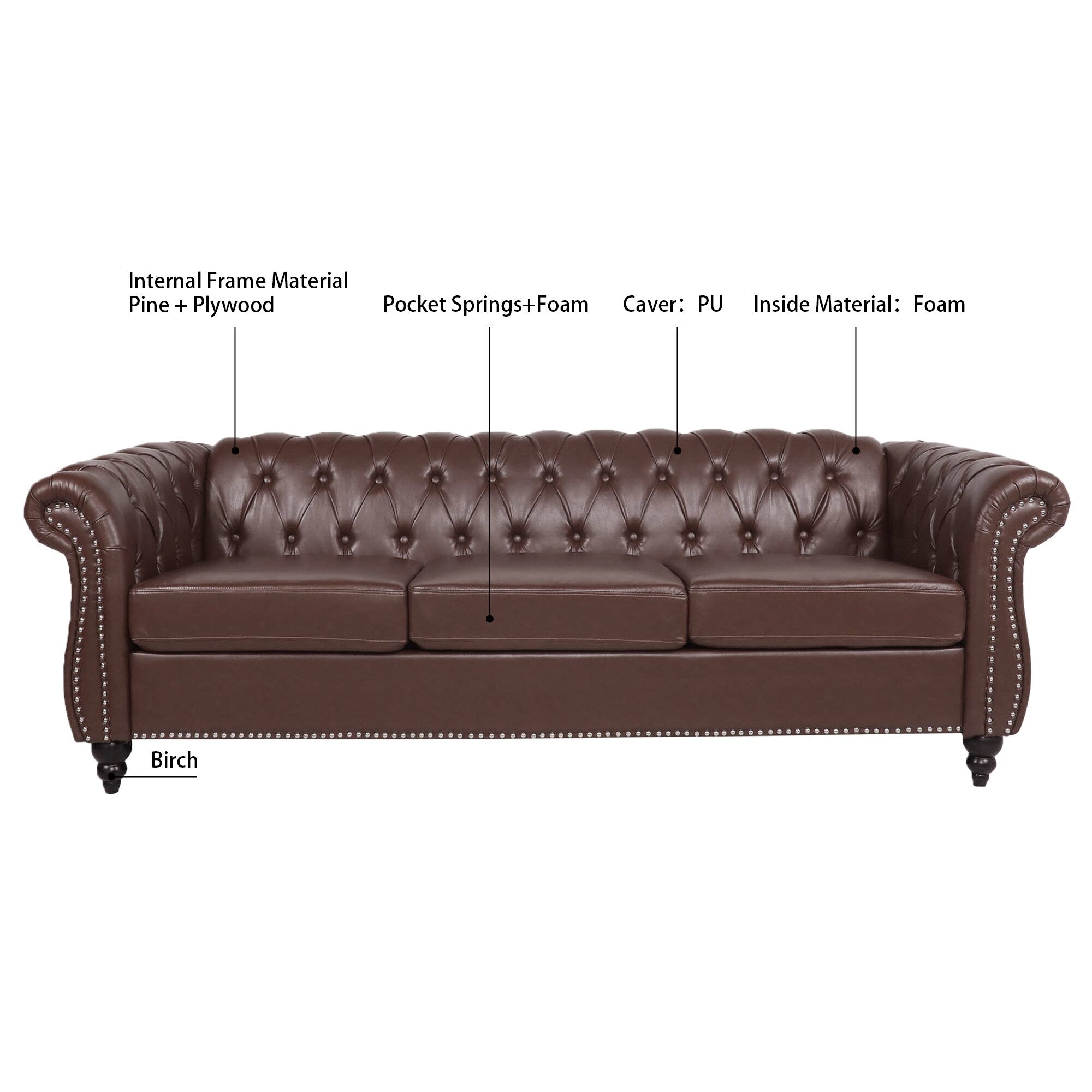 Canapé Chesterfield en similicuir avec accoudoirs roulés (3 places)