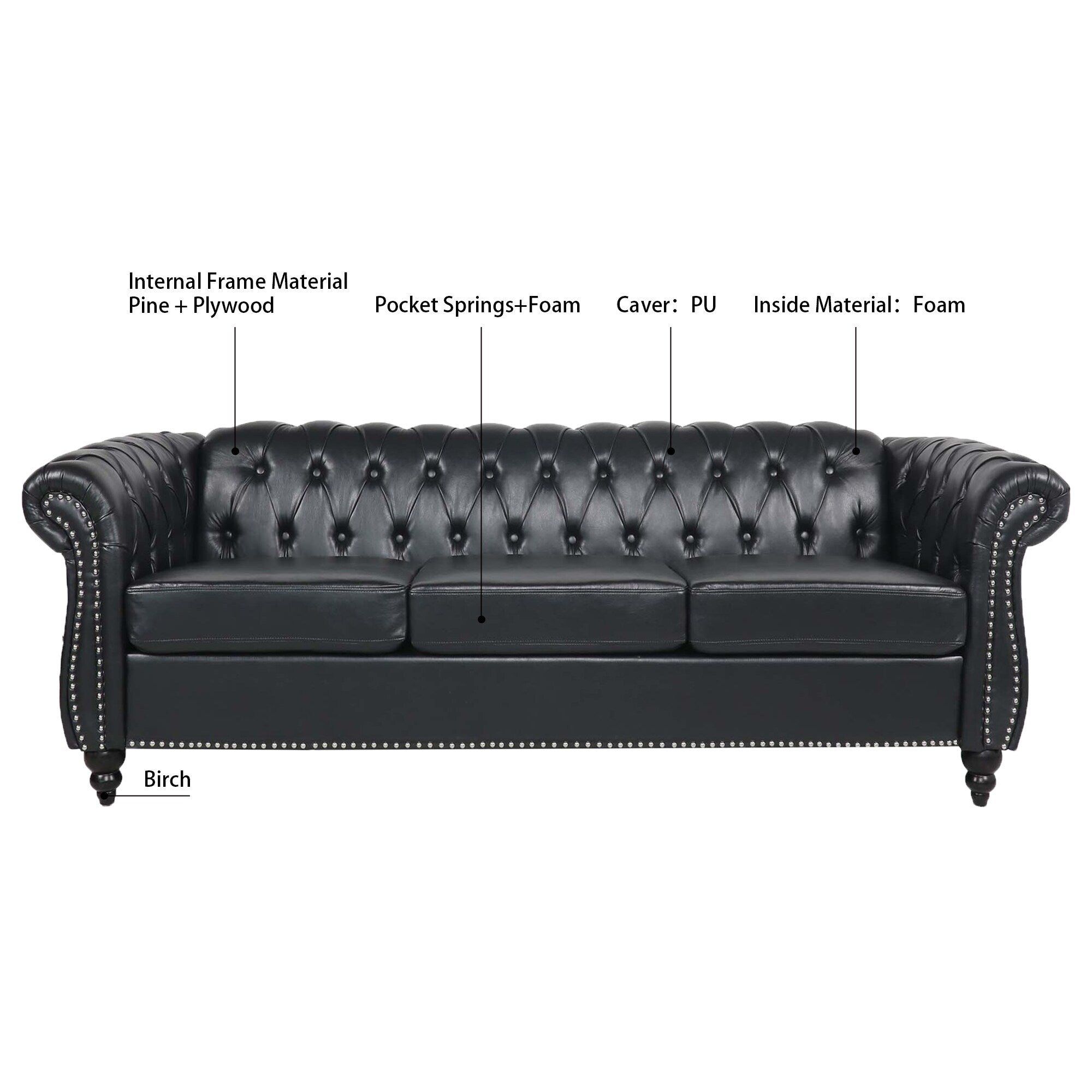 Canapé Chesterfield en similicuir avec accoudoirs roulés (3 places)