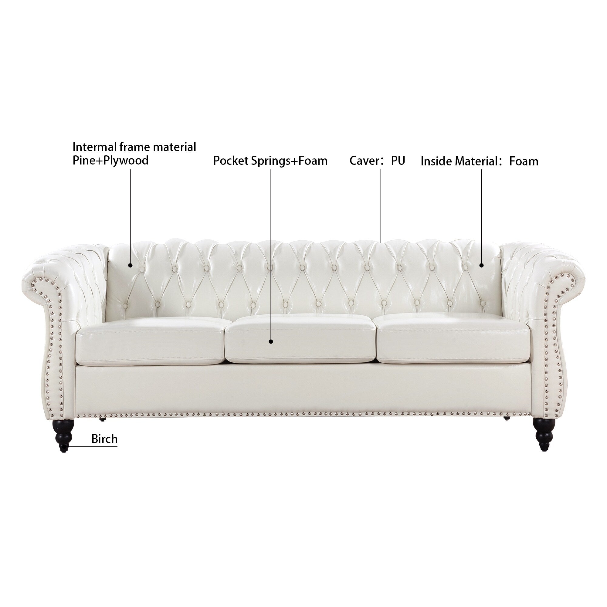 Canapé Chesterfield en similicuir avec accoudoirs roulés (3 places)