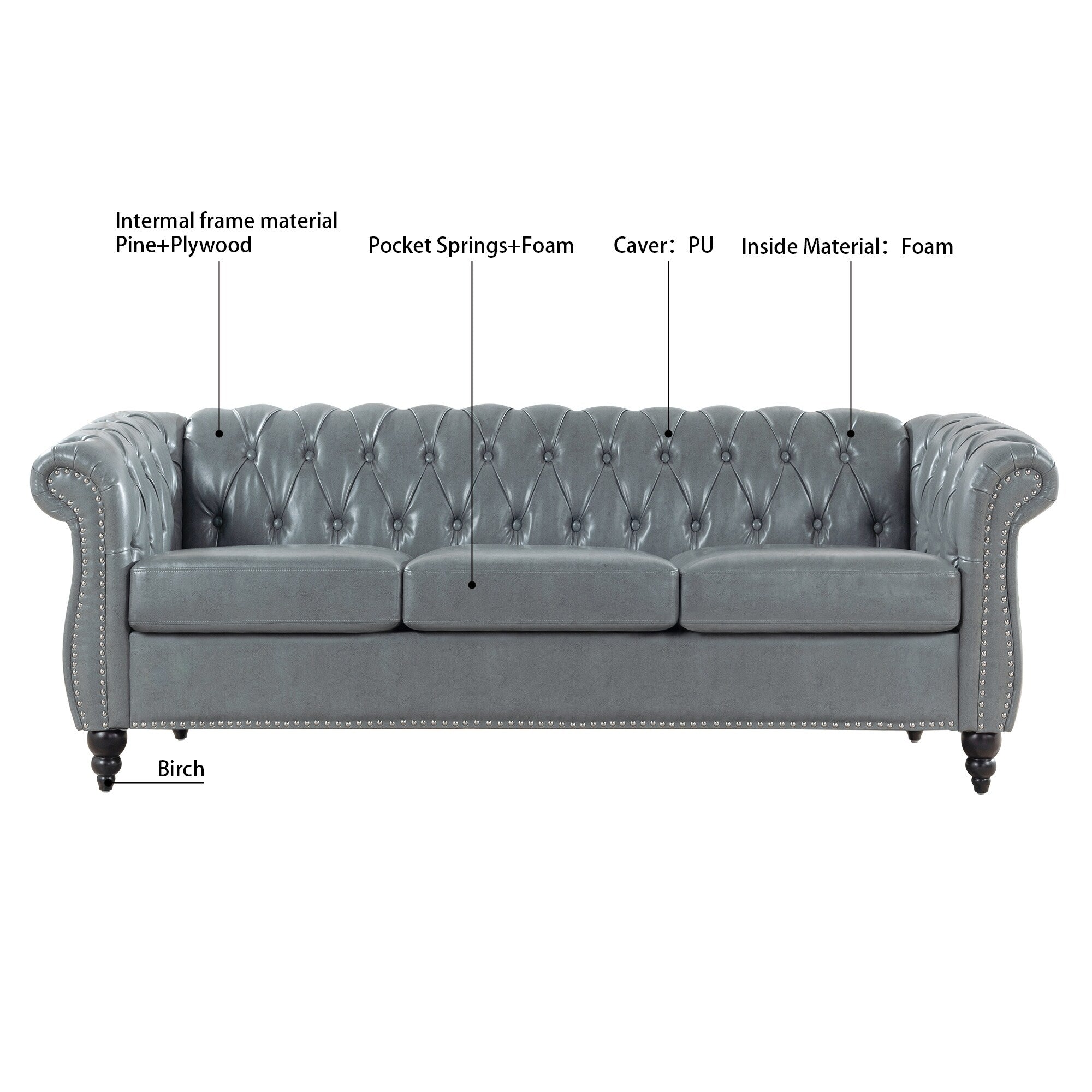 Canapé Chesterfield en similicuir avec accoudoirs roulés (3 places)