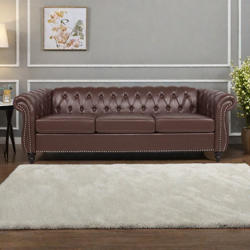 Canapé Chesterfield en similicuir avec accoudoirs roulés (3 places)