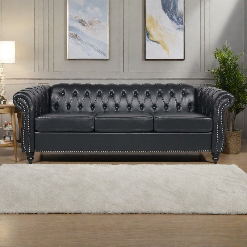 Canapé Chesterfield en similicuir avec accoudoirs roulés (3 places)