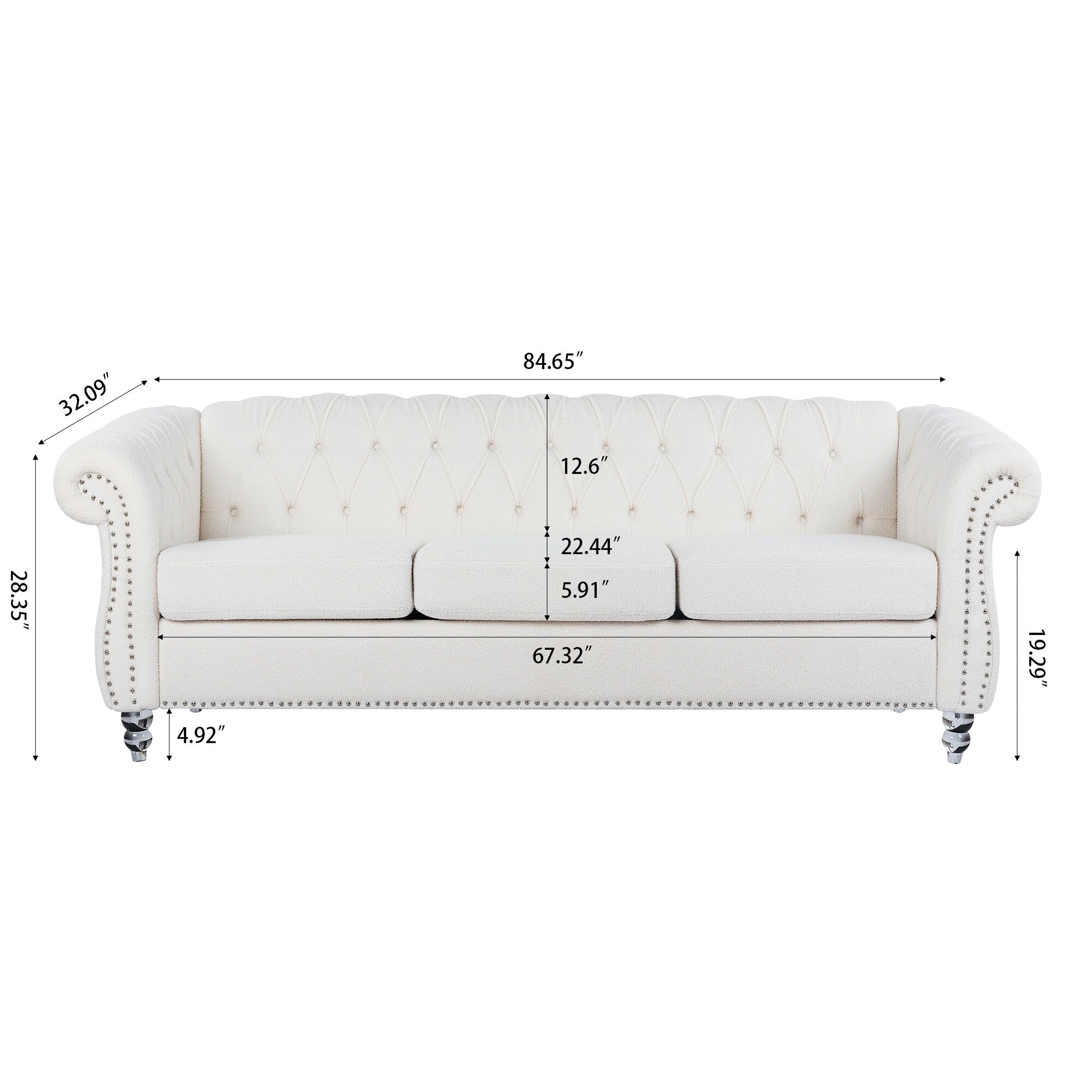 Canapé Chesterfield en polyester 84,65 avec accoudoirs roulés (3 places)