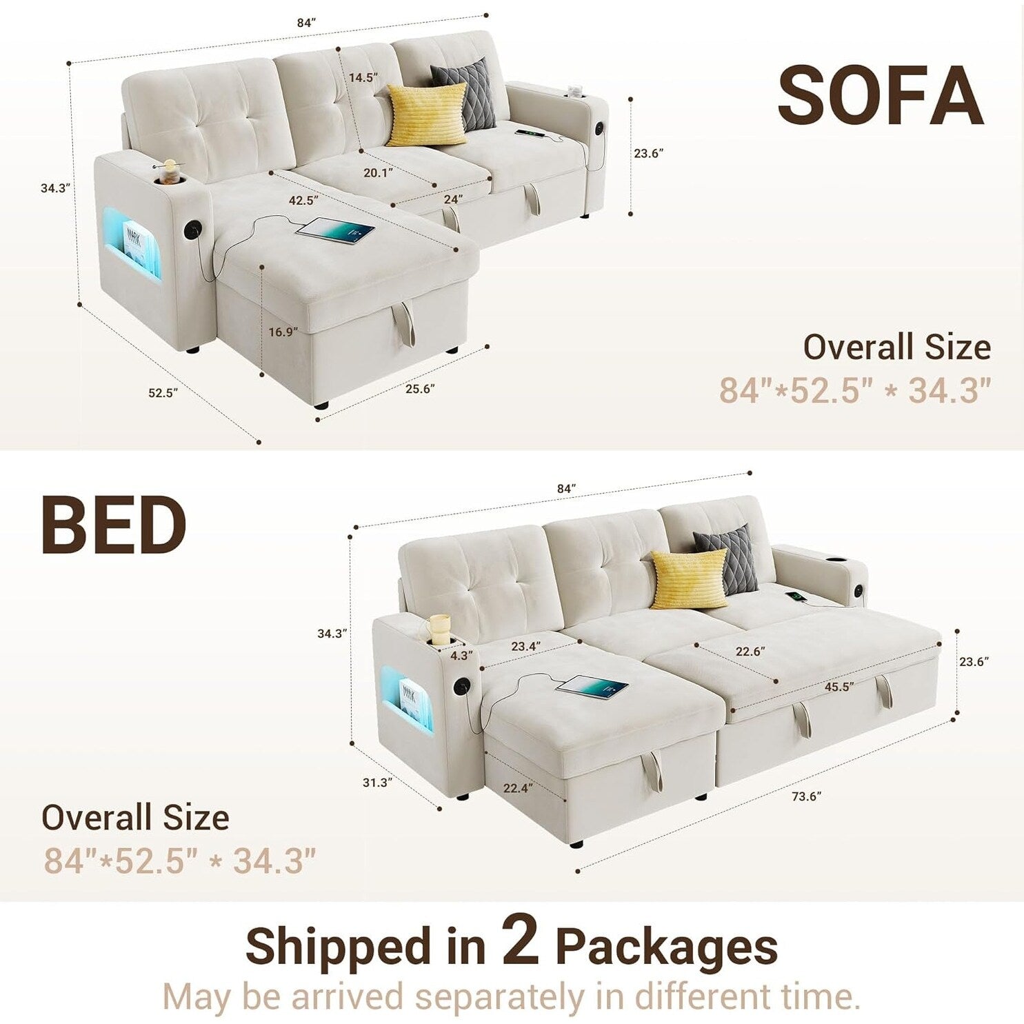 Canapé-lit 84 places, canapé-lit modulaire sectionnel Cloud avec rangement réversible