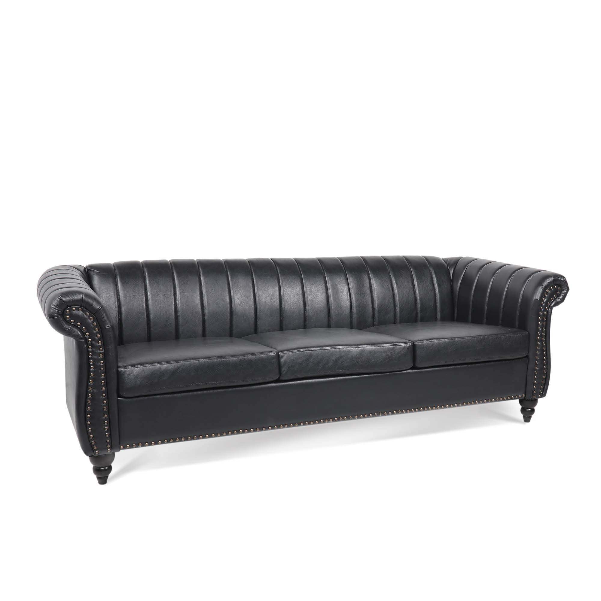 Canapé Chesterfield trois places à accoudoirs roulés en PU de 84 po