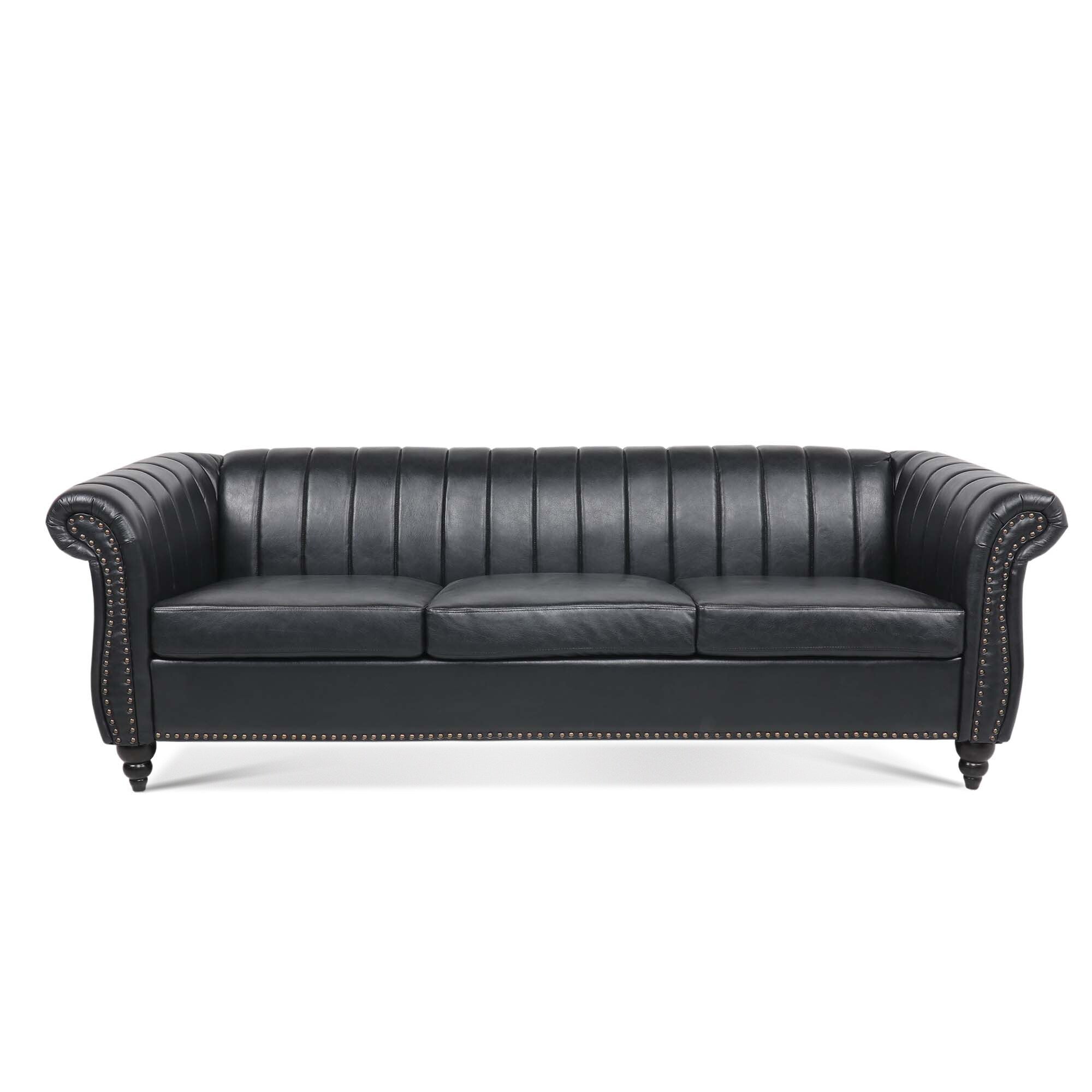 Canapé Chesterfield trois places à accoudoirs roulés en PU de 84 po