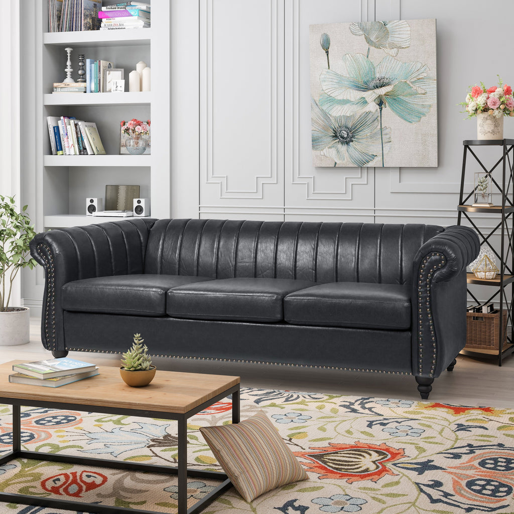 Canapé Chesterfield trois places à accoudoirs roulés en PU de 84 po