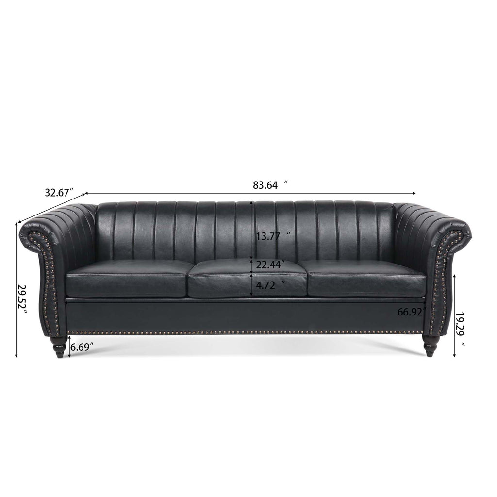 Canapé Chesterfield trois places à accoudoirs roulés en PU de 84 po