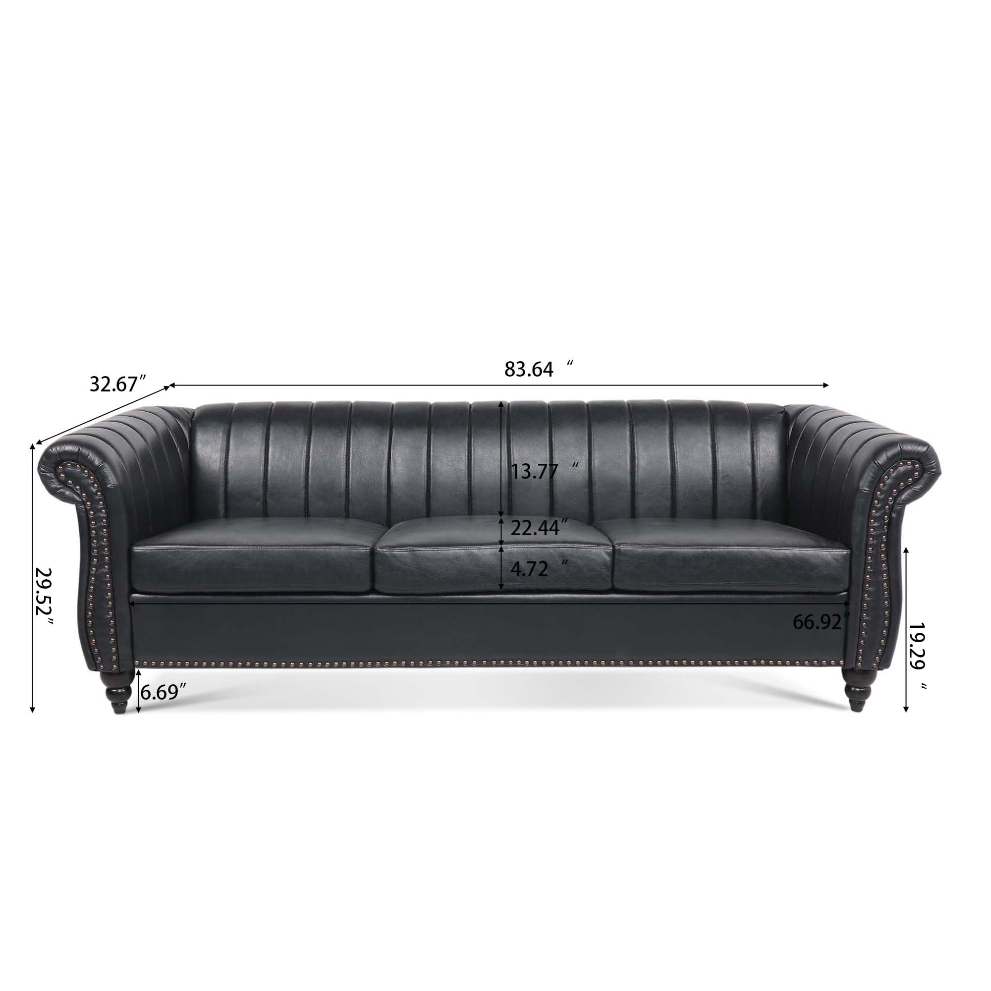Canapé Chesterfield trois places à accoudoirs roulés en PU de 84 po