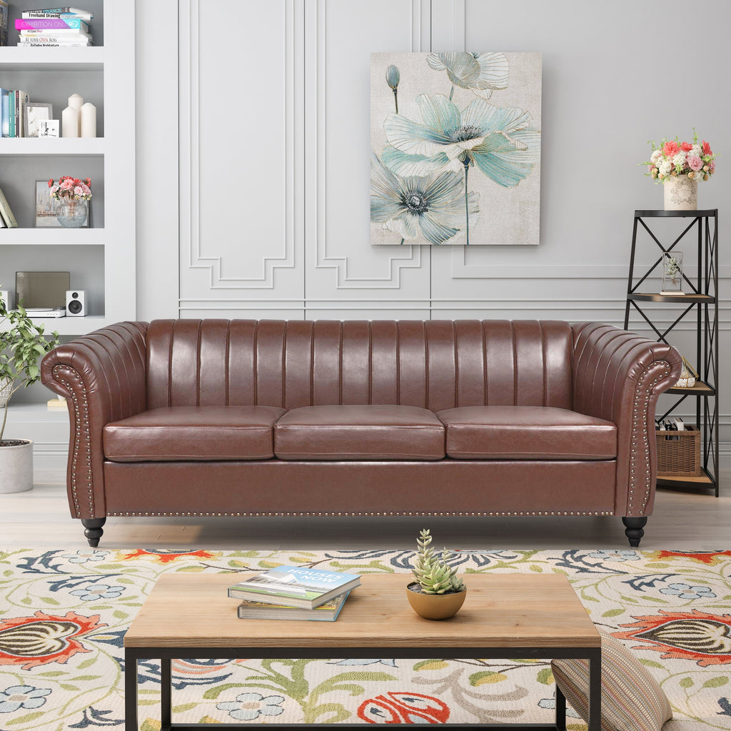Canapé Chesterfield trois places à accoudoirs roulés en PU de 84 po