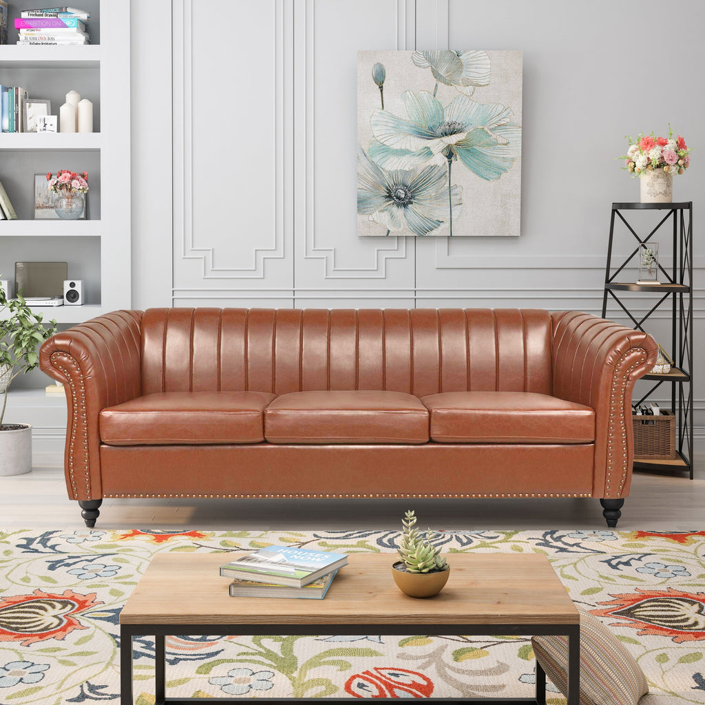 Canapé Chesterfield trois places à accoudoirs roulés en PU de 84 po