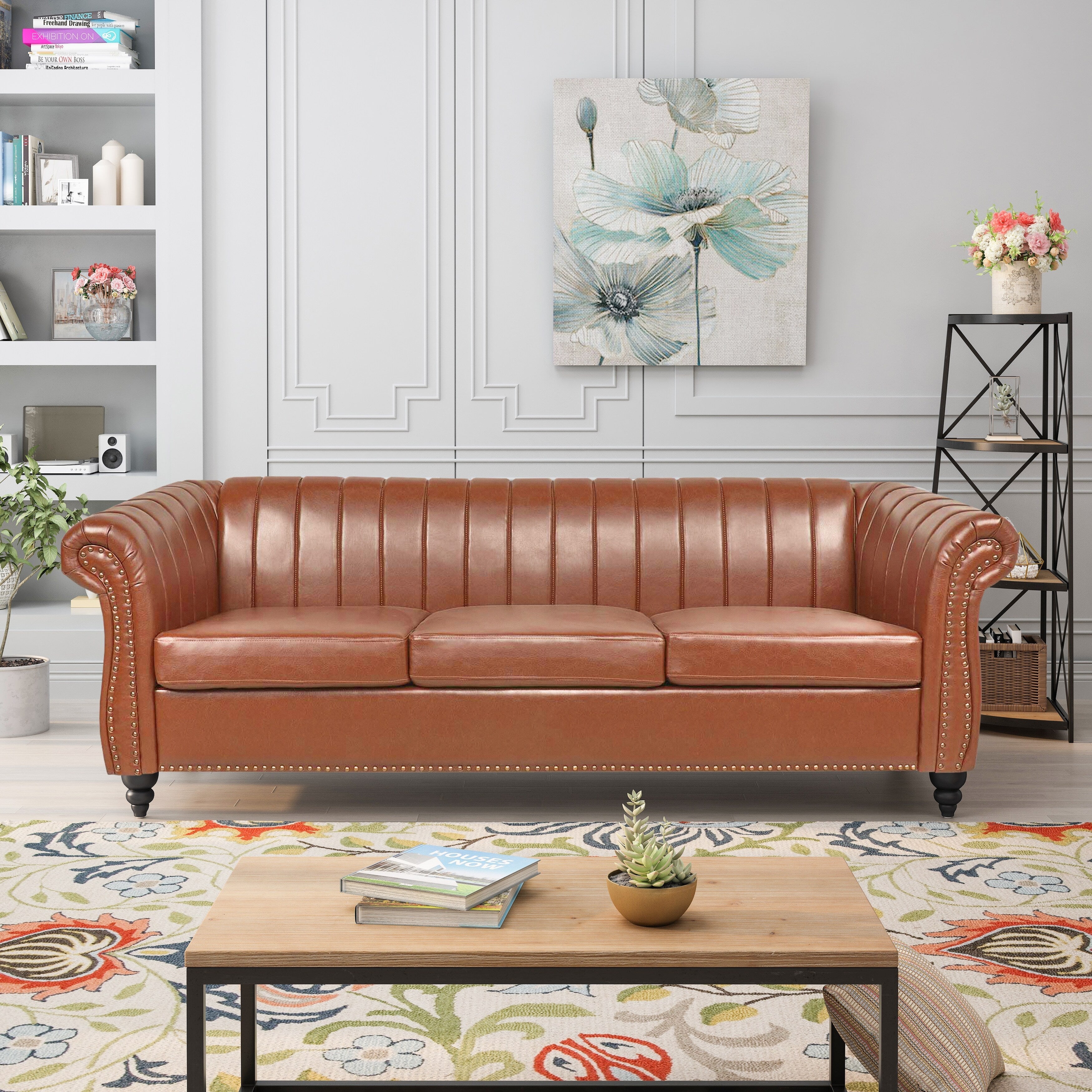 Canapé Chesterfield trois places à accoudoirs roulés en PU de 84 po