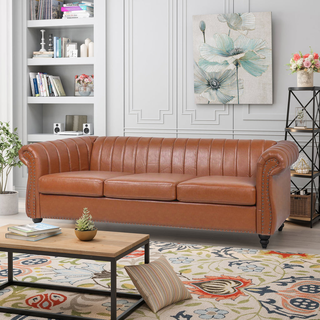 Canapé Chesterfield trois places à accoudoirs roulés en PU de 84 po