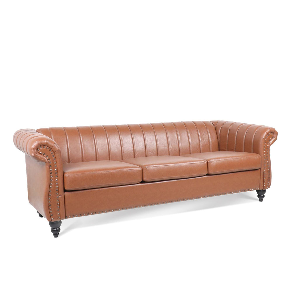 Canapé Chesterfield trois places à accoudoirs roulés en PU de 84 po