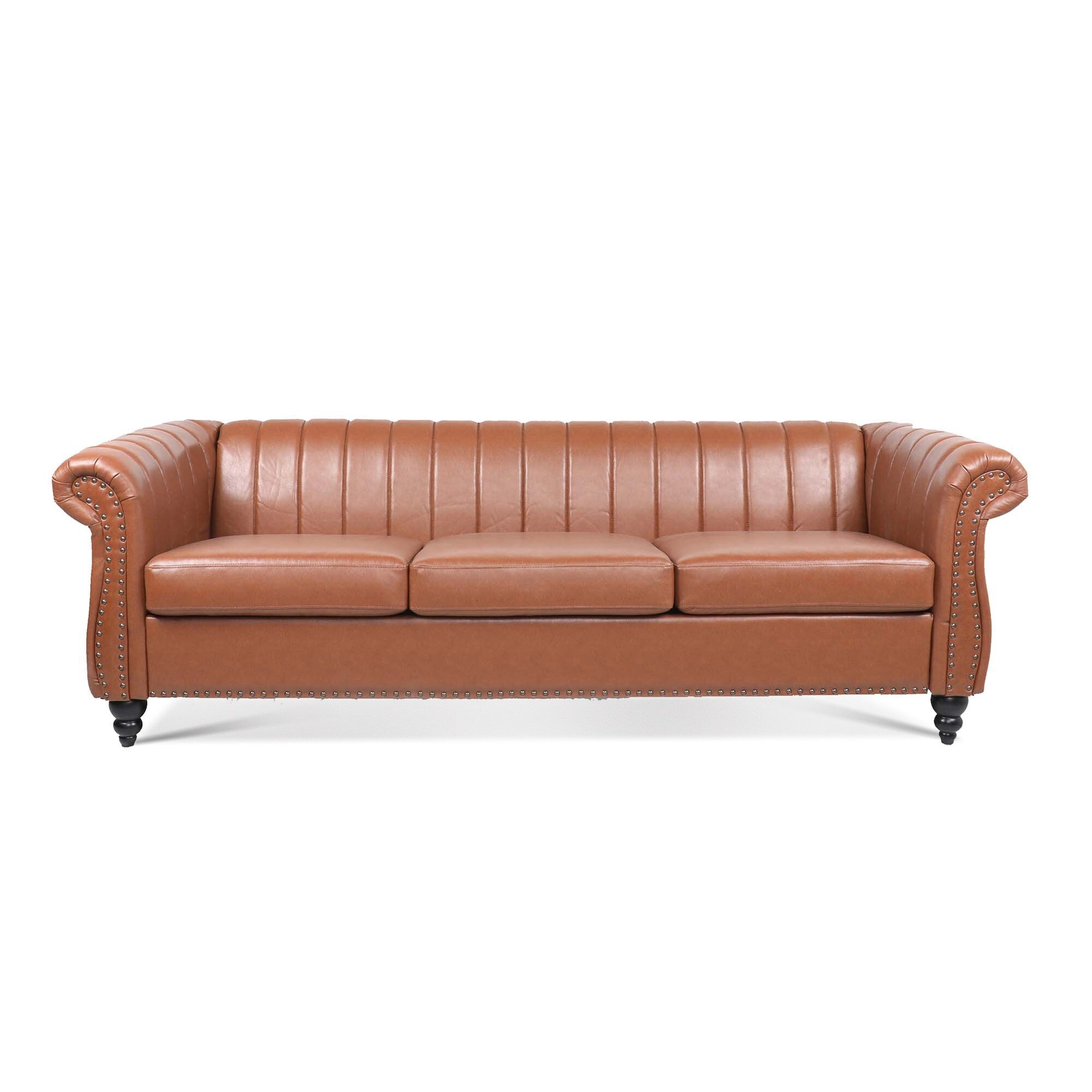 Canapé Chesterfield trois places à accoudoirs roulés en PU de 84 po