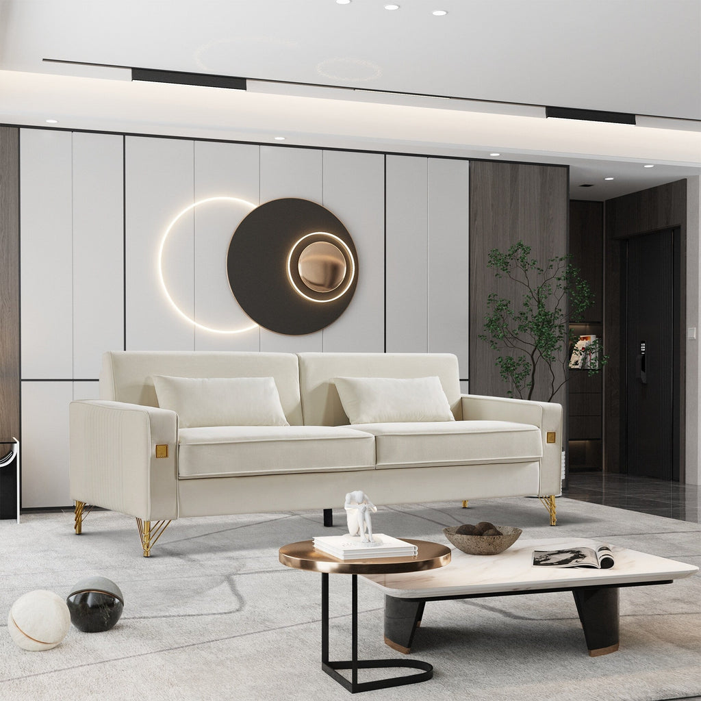 Canapé 3 places en velours moderne 85,44 $ avec 2 coussins, pieds en métal doré, élégance intemporelle, mousse haute densité