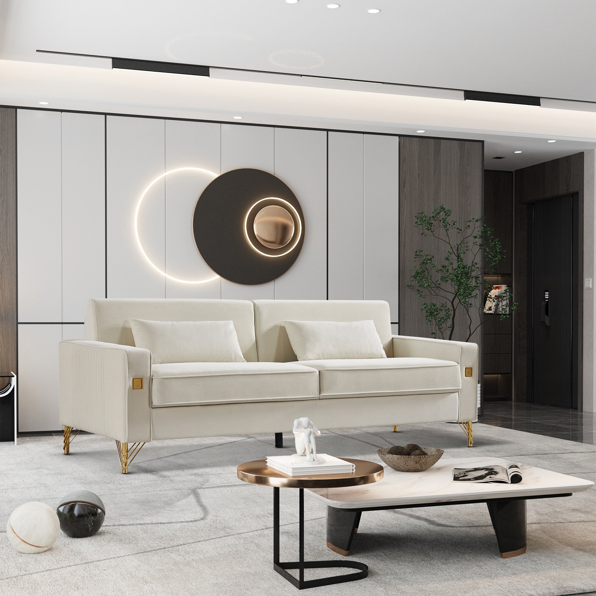 Canapé 3 places en velours moderne 85,44 $ avec 2 coussins, pieds en métal doré, élégance intemporelle, mousse haute densité
