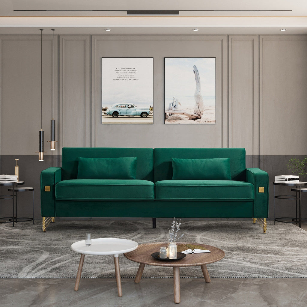 Canapé 3 places en velours moderne 85,44 $ avec 2 coussins, pieds en métal doré, élégance intemporelle, mousse haute densité