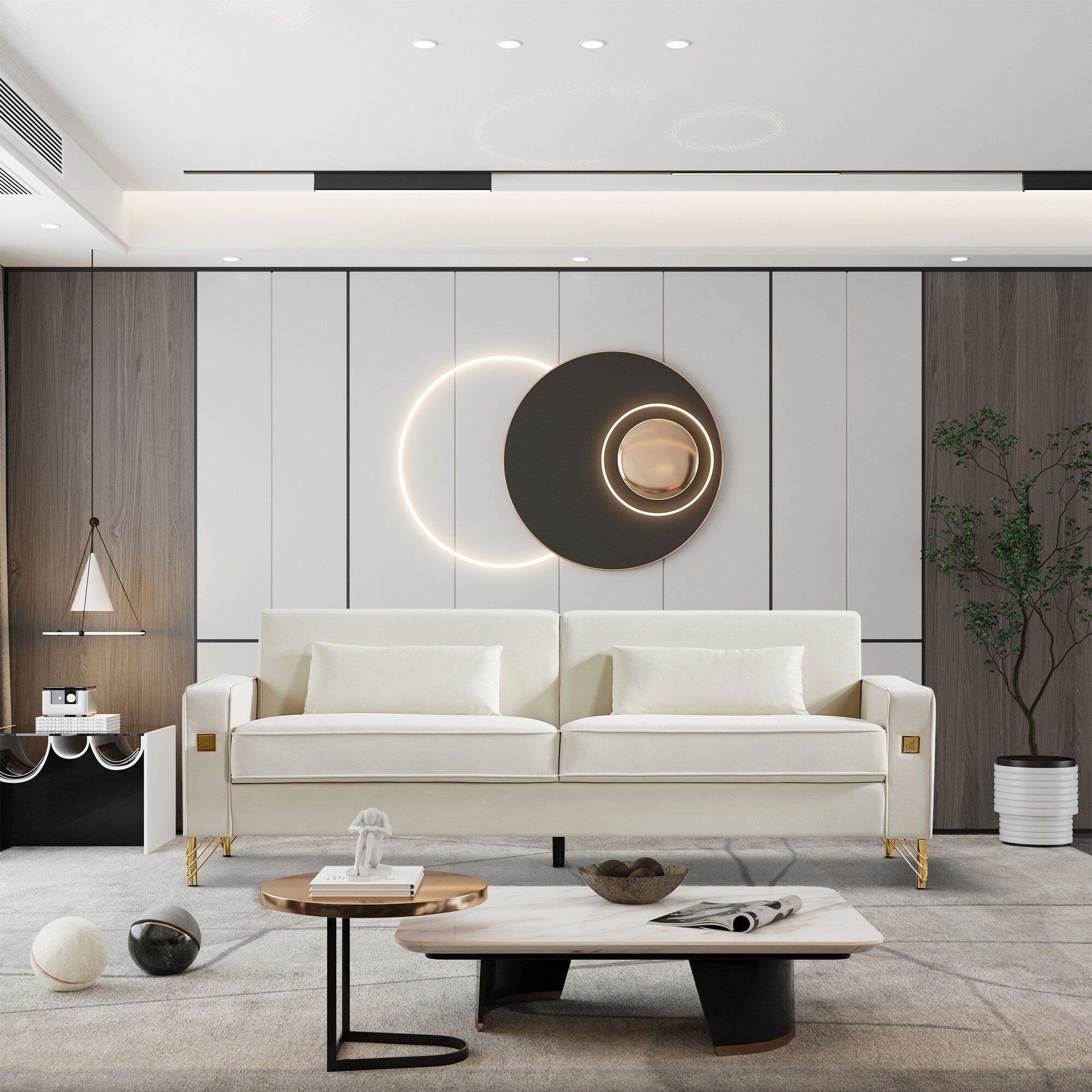 Canapé 3 places en velours moderne 85,44 $ avec 2 coussins, pieds en métal doré, élégance intemporelle, mousse haute densité