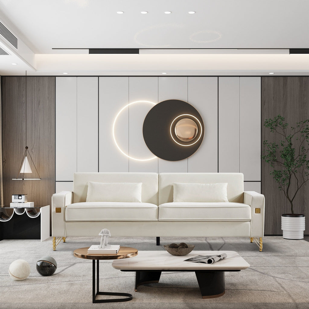 Canapé 3 places en velours moderne 85,44 $ avec pieds en métal doré, assise en mousse haute densité et design intemporel