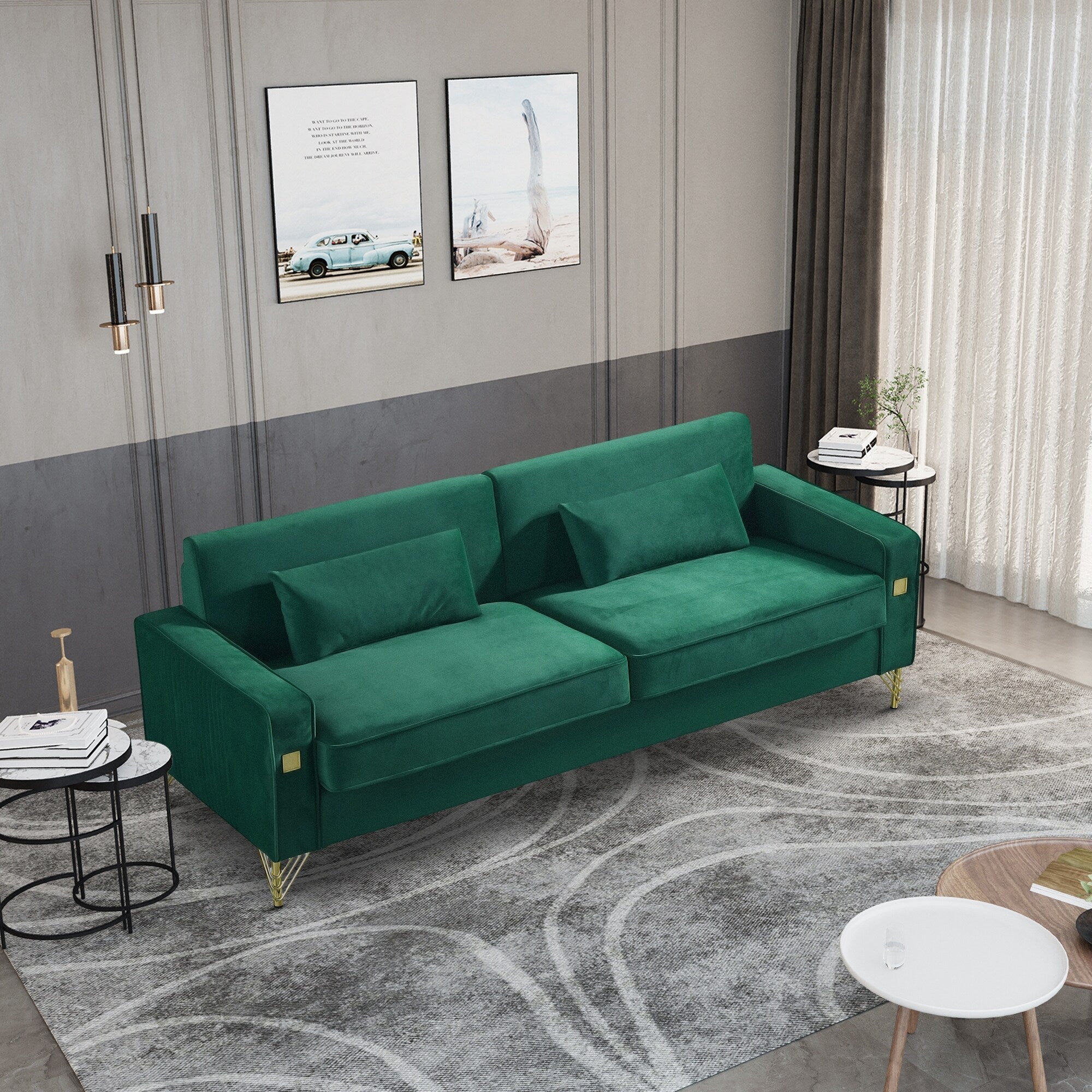 Canapé 3 places en velours moderne 85,44 $ avec pieds en métal doré, assise en mousse haute densité et design intemporel