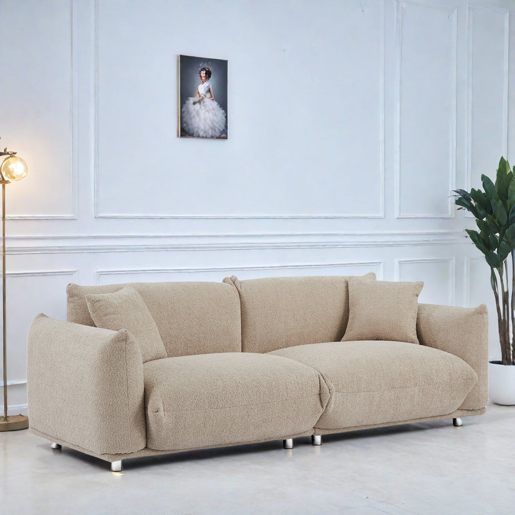 Canapé 3 places en tissu avec structure en bois massif et 2 coussins (85,82 €)