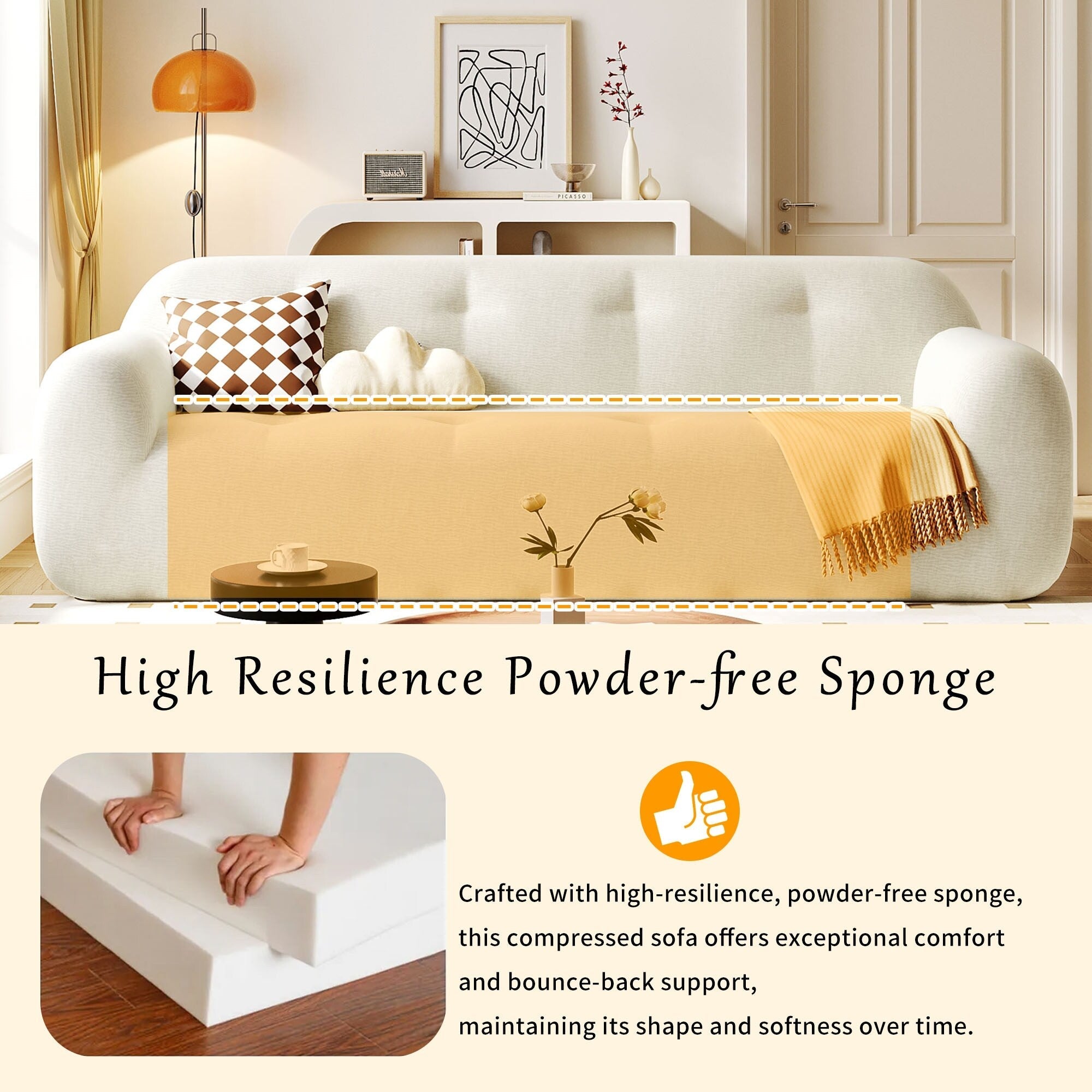 Canapé 3 places en tissu chenille de 85,8 cm de large, avec mousse sans poudre et ressorts ensachés pour un confort optimal.