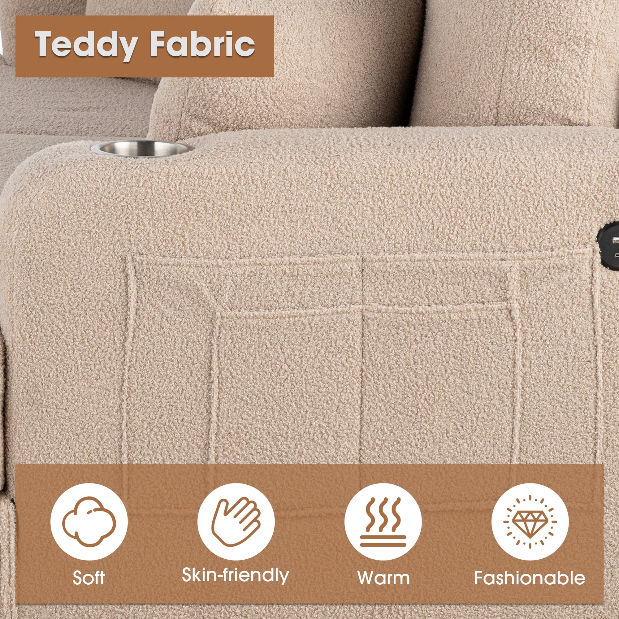 Canapé 3 places moderne en velours côtelé beige avec port USB et 2 oreillers