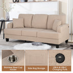 Canapé 3 places moderne en velours côtelé beige avec port USB et 2 oreillers