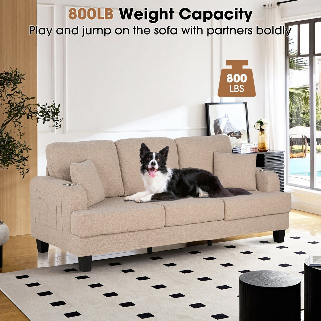 Canapé 3 places moderne en velours côtelé beige avec port USB et 2 oreillers