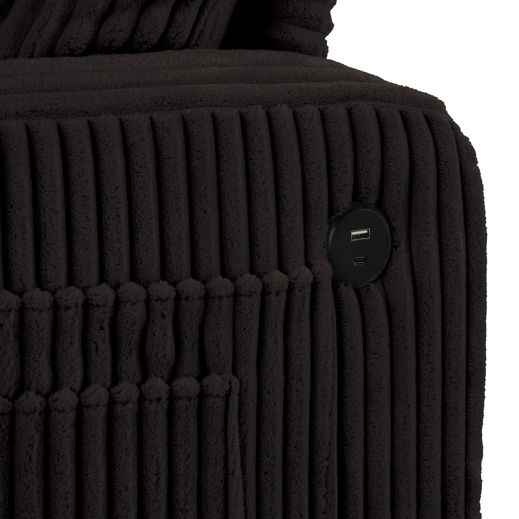 Canapé rectangulaire moderne 3 places en velours côtelé avec port USB et 2 oreillers