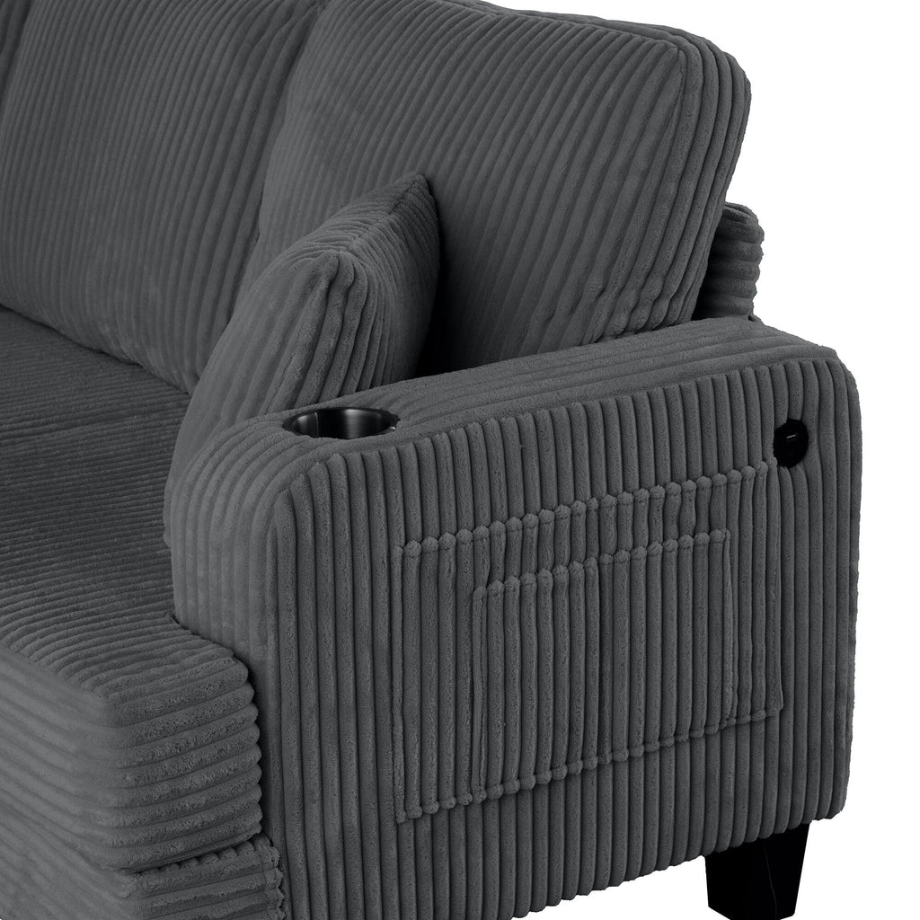 Canapé rectangulaire moderne 3 places en velours côtelé avec port USB et 2 oreillers