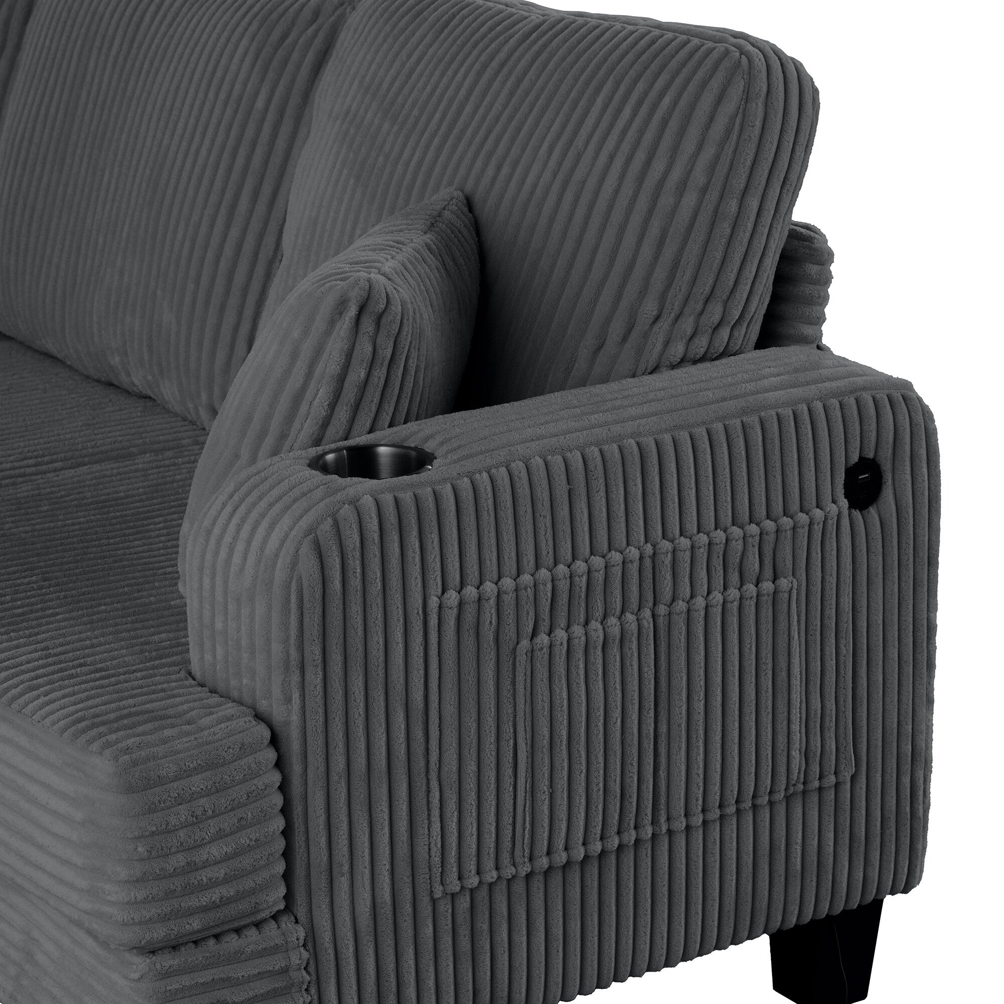 Canapé rectangulaire moderne 3 places en velours côtelé avec port USB et 2 oreillers