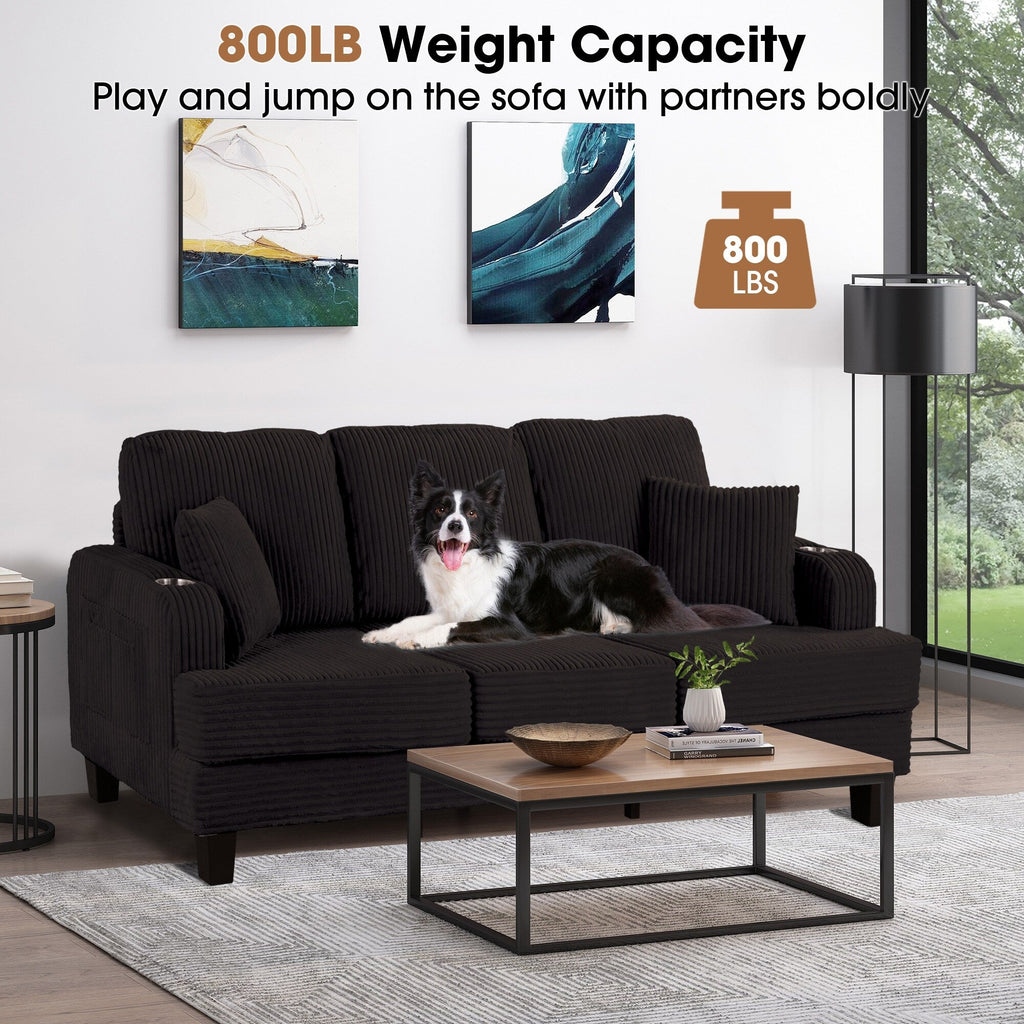 Canapé rectangulaire moderne 3 places en velours côtelé avec port USB et 2 oreillers