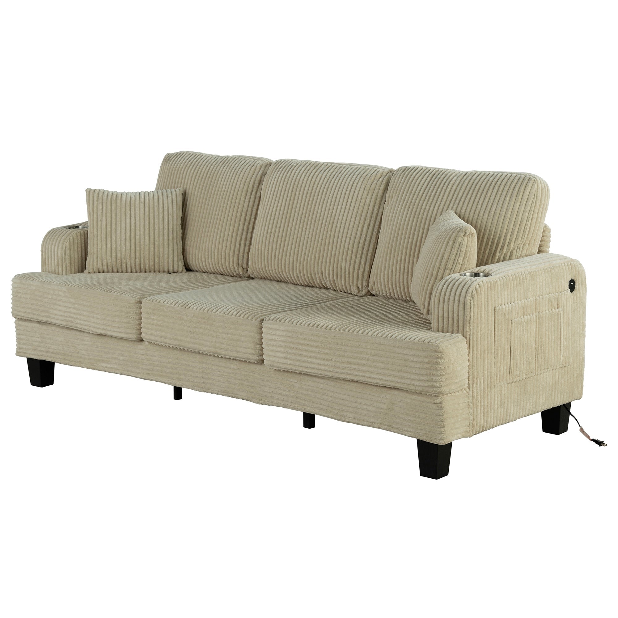 Canapé rectangulaire moderne 3 places en velours côtelé avec port USB et 2 oreillers