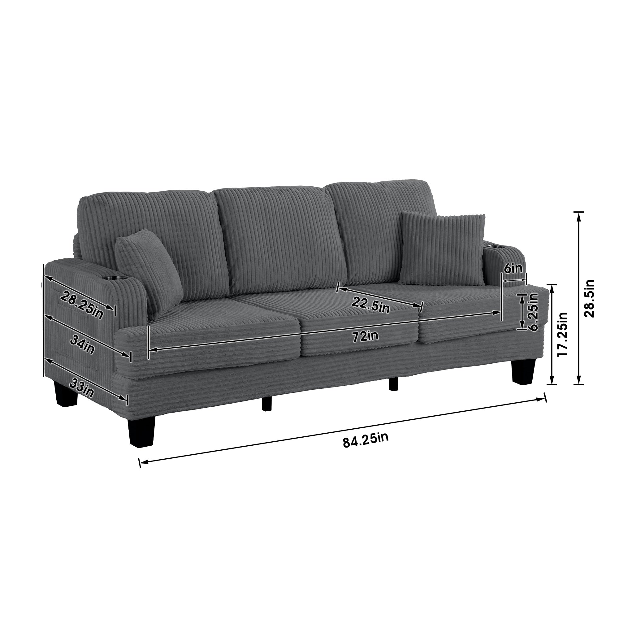 Canapé rectangulaire moderne 3 places en velours côtelé avec port USB et 2 oreillers