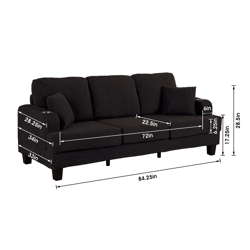 Canapé rectangulaire moderne 3 places en velours côtelé avec port USB et 2 oreillers