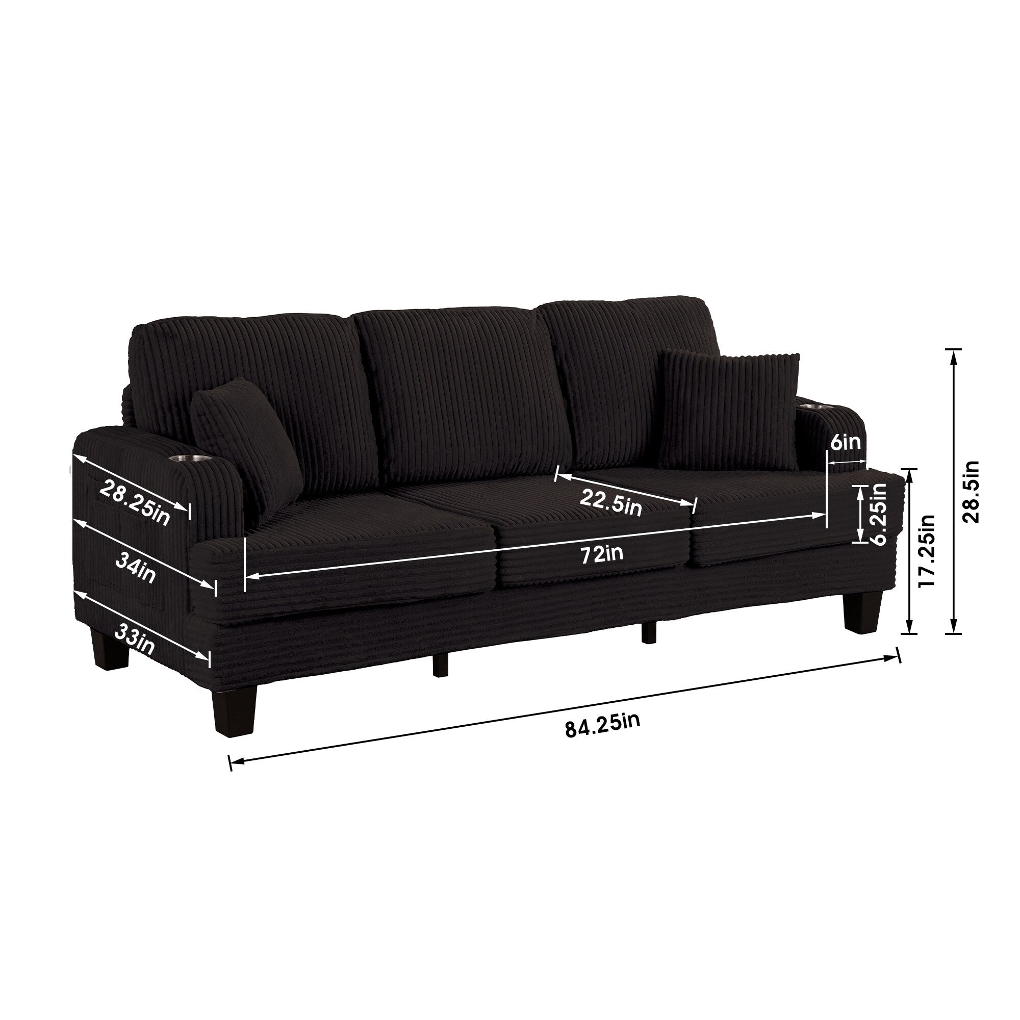 Canapé rectangulaire moderne 3 places en velours côtelé avec port USB et 2 oreillers