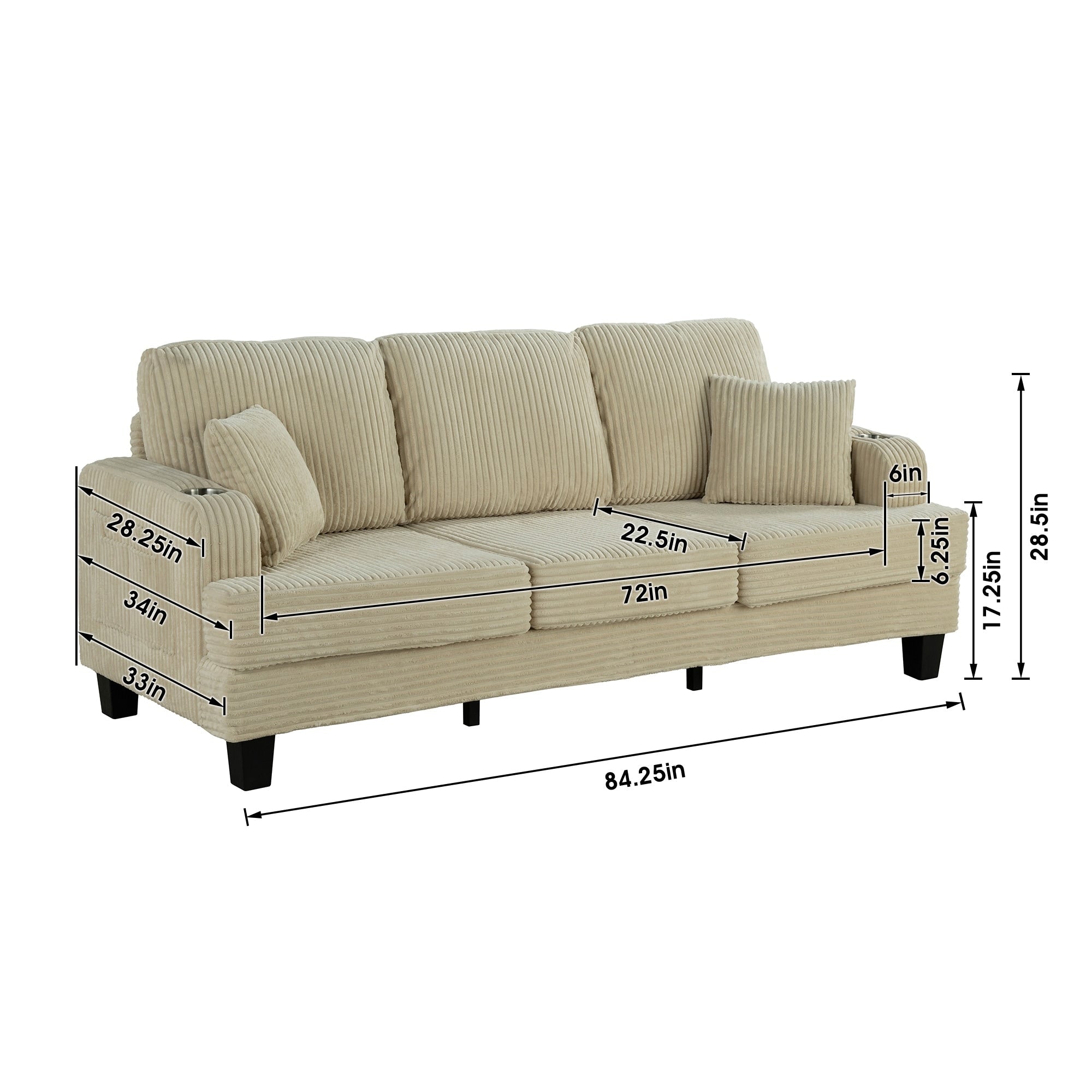 Canapé rectangulaire moderne 3 places en velours côtelé avec port USB et 2 oreillers