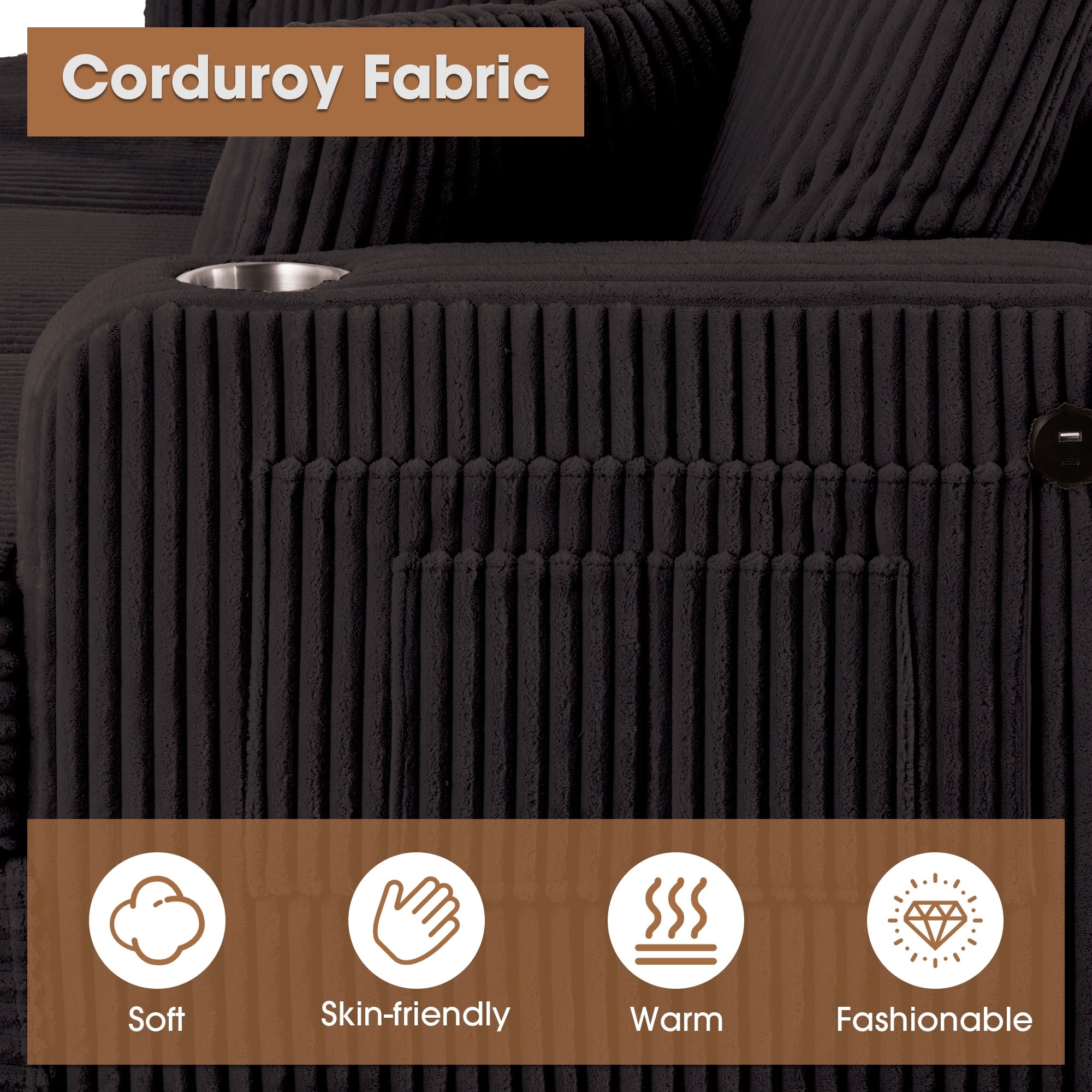 Canapé rectangulaire moderne 3 places en velours côtelé avec port USB et 2 oreillers