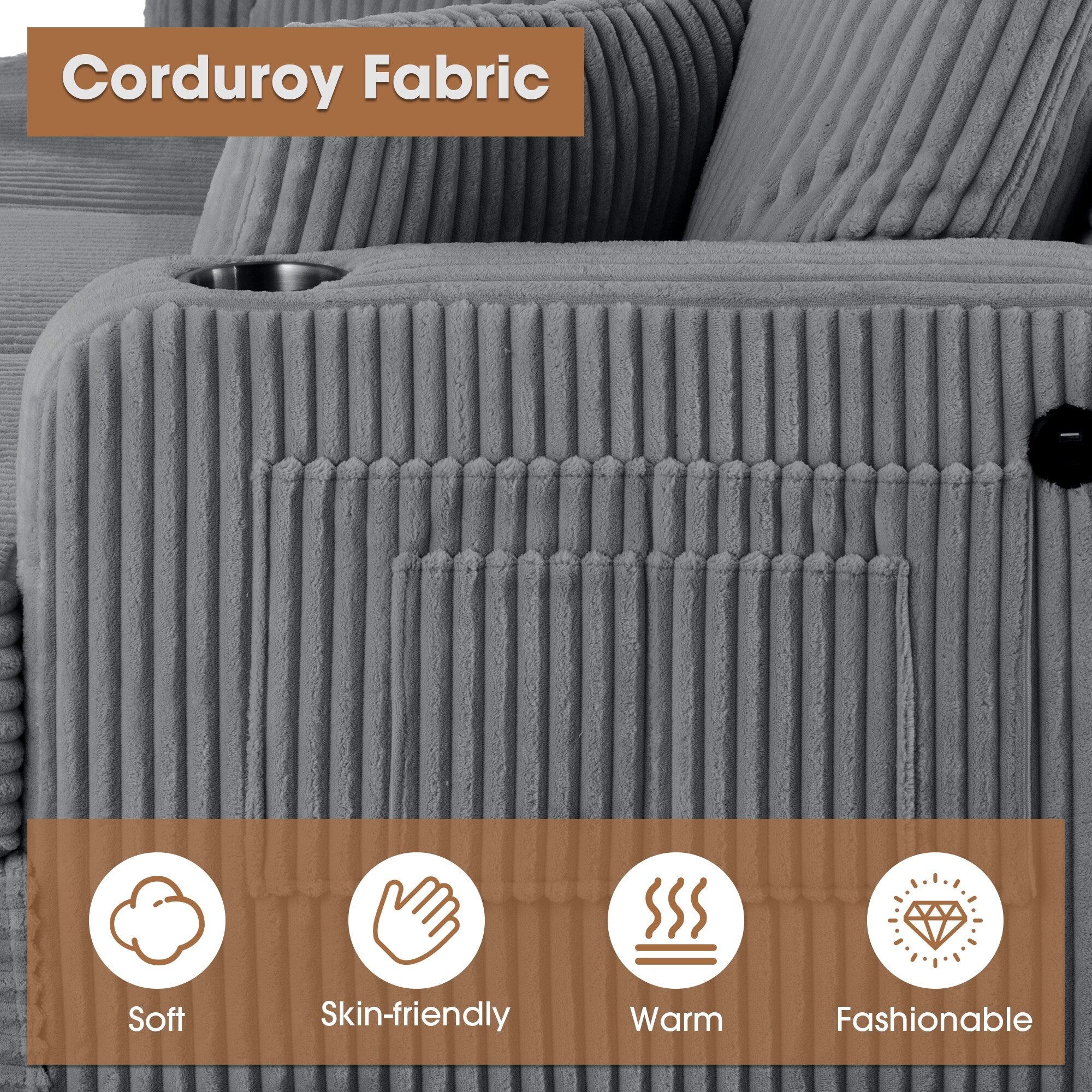 Canapé rectangulaire moderne 3 places en velours côtelé avec port USB et 2 oreillers