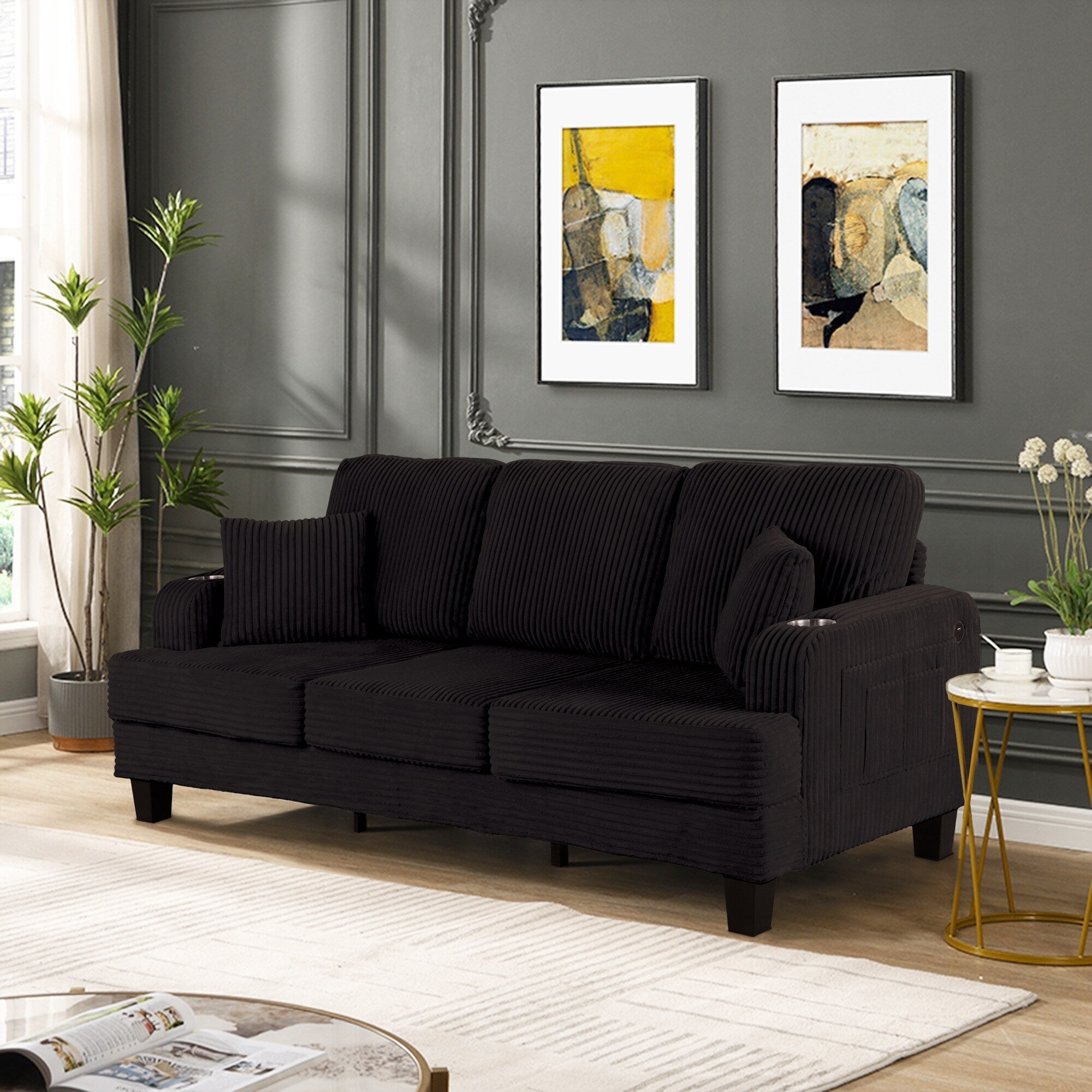 Canapé rectangulaire moderne 3 places en velours côtelé avec port USB et 2 oreillers