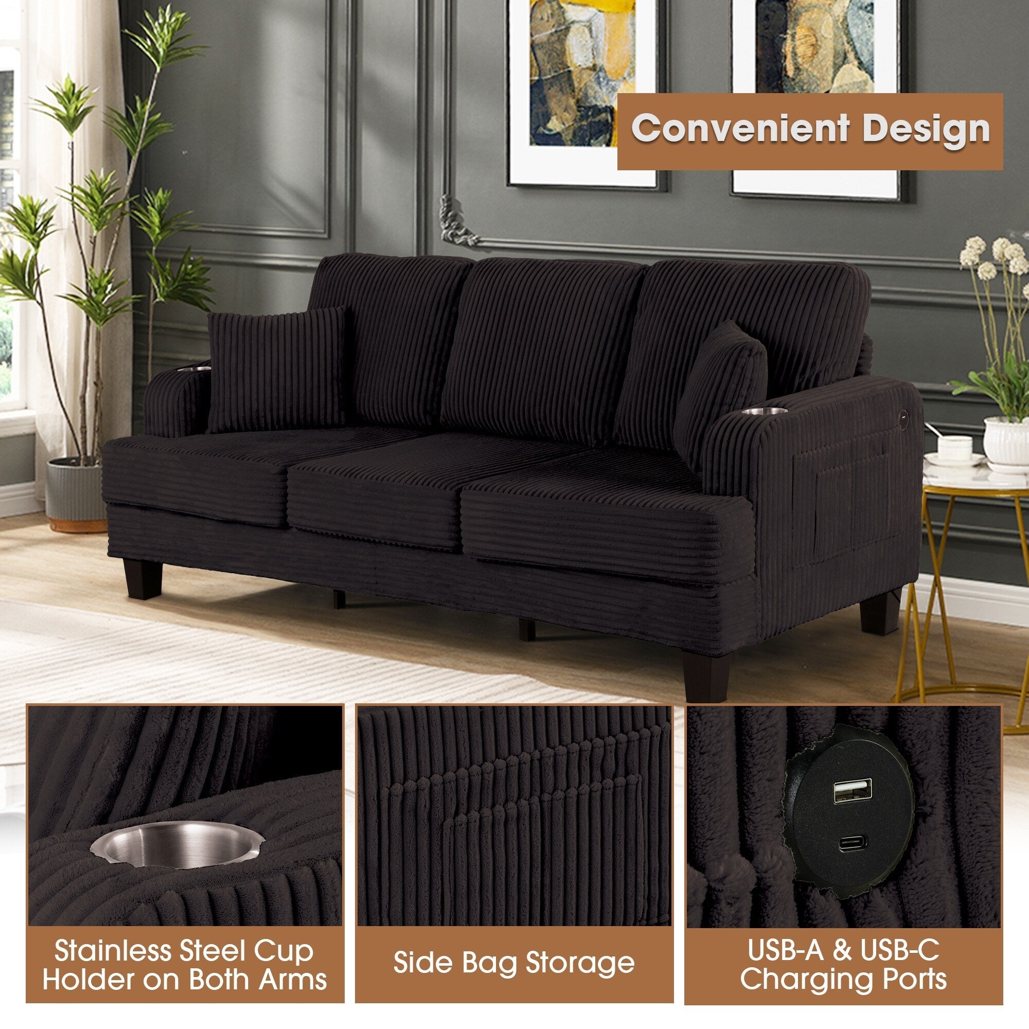 Canapé rectangulaire moderne 3 places en velours côtelé avec port USB et 2 oreillers